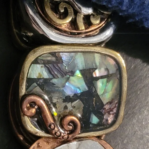 Vintage bracelets 2 copper tone metal abalone stretchy art noveau - Picture 12 of 14